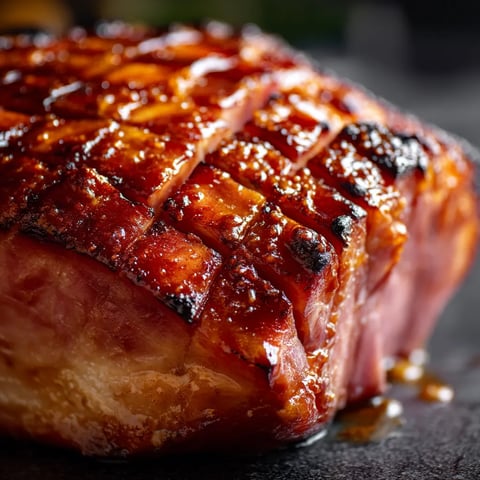 A glazed ham on a black table.
