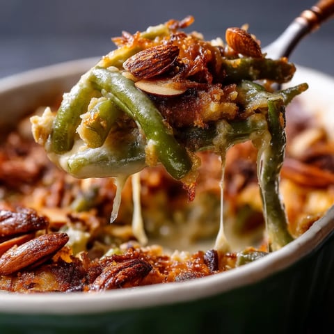 A close up of a green bean almond casserole.
