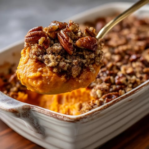 A spoon is in a bowl of sweet potato casserole.