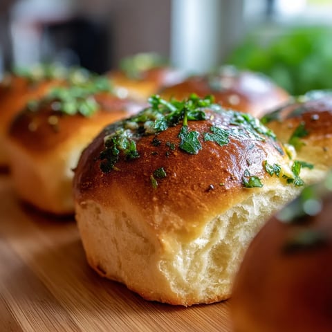Garlic butter dinner rolls on a wooden table.