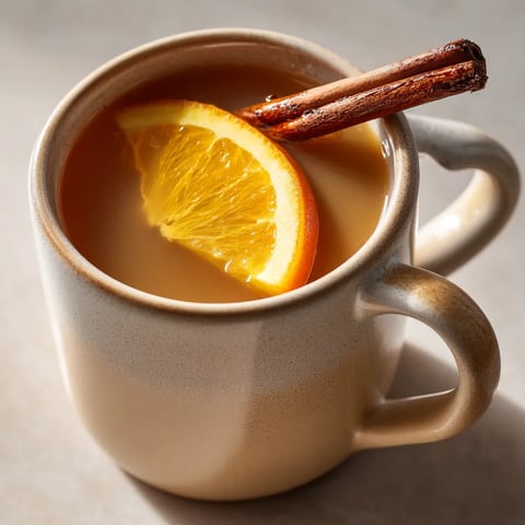 A cup of mulled apple cider with a slice of orange.