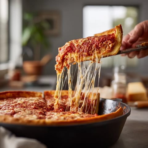 A slice of Chicago deep dish pizza being lifted from a pan.