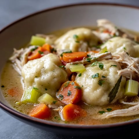 A bowl of chicken and dumplings.