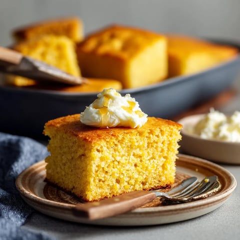 A slice of cornbread with honey butter on top.