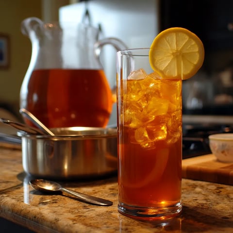 A glass of tea with a lemon wedge on the side.