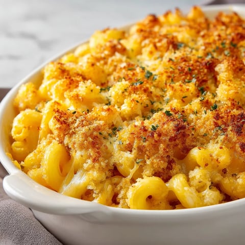A bowl of baked mac and cheese.