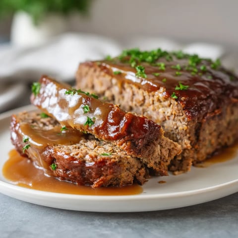 A plate of meatloaf with gravy.