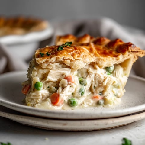 A slice of creamy chicken pot pie.