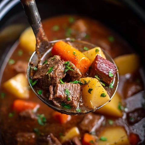 A spoon is filled with a beef stew.