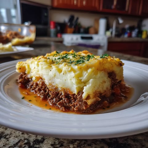A delicious looking Shepherd's Pie on a plate.