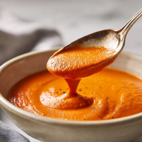 A spoon is in a bowl of tomato soup.