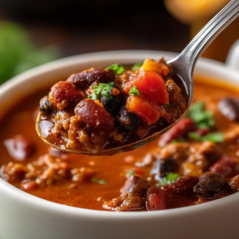 A spoonful of beef and bean chili.