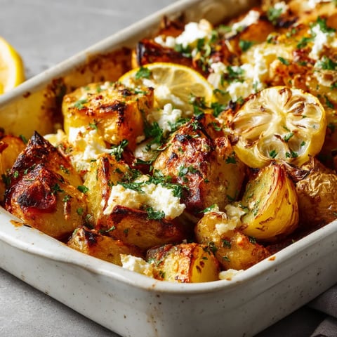 A dish of baked feta potatoes.