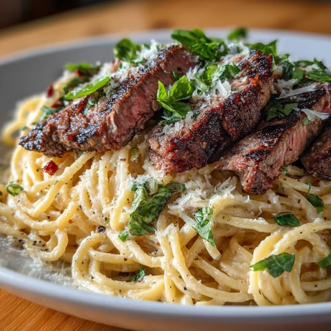 A plate of steak and creamy garlic Parmesan pasta.