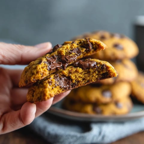 A person holding a pumpkin chocolate chip cookie.