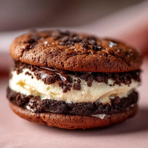 A chocolate and vanilla cookie sandwich.