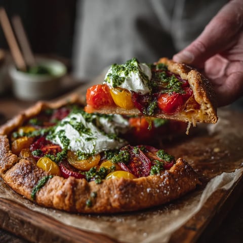 A slice of a pizza with tomatoes and basil.