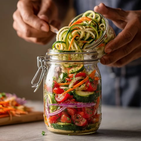 A jar of zoodle salad with a lemon-tahini dressing.