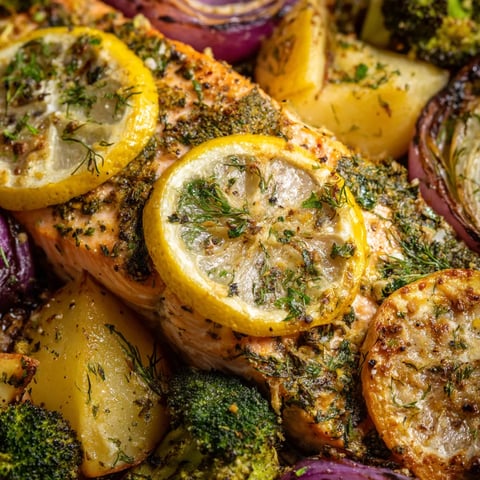 A tray of salmon with lemon and garlic.
