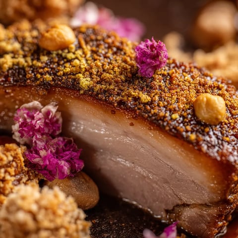 A piece of meat with a flower on top.