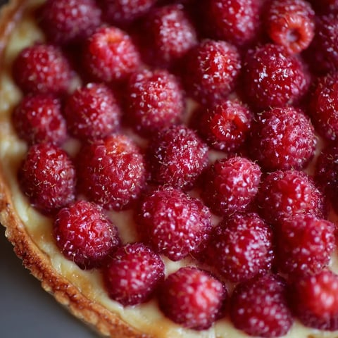 A close up of a tart with raspberries.