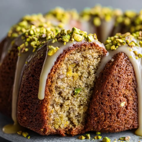 A slice of pistachio bundt cake with lemon glaze.