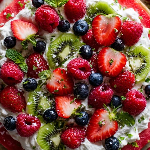 A slice of watermelon pizza with fruit toppings.