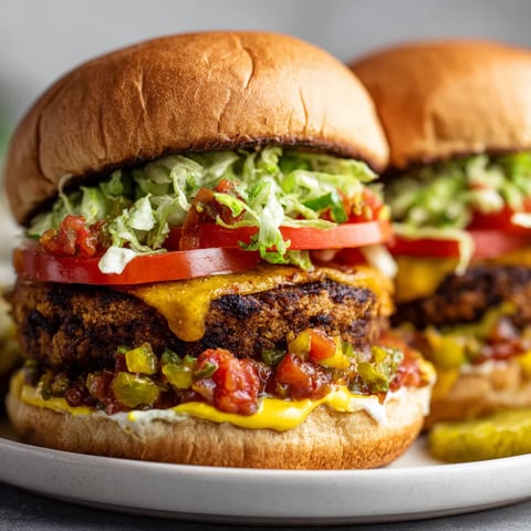 Two burgers with lettuce, tomato, and pickle on a plate.