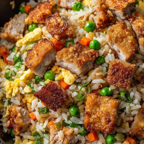 A plate of fried rice with chicken and peas.