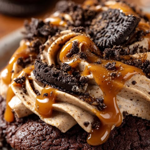 A close up of a delicious frosted caramel Oreo cookie.