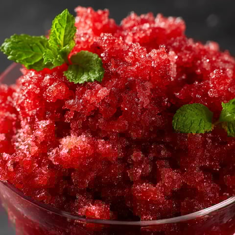 A glass bowl filled with red frozen fruit.
