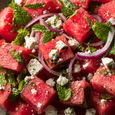 A salad made of watermelon, feta cheese, and mint.