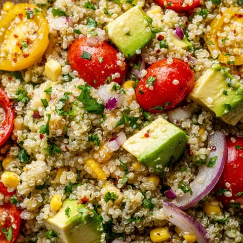 A colorful salad with tomatoes, corn, avocado, and quinoa.
