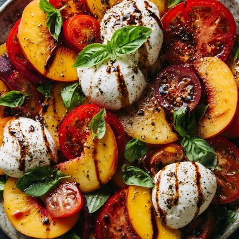 A salad of tomatoes, peaches and burrata cheese.