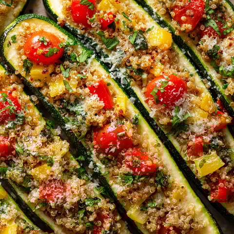Stuffed zucchini boats with rice and tomatoes.