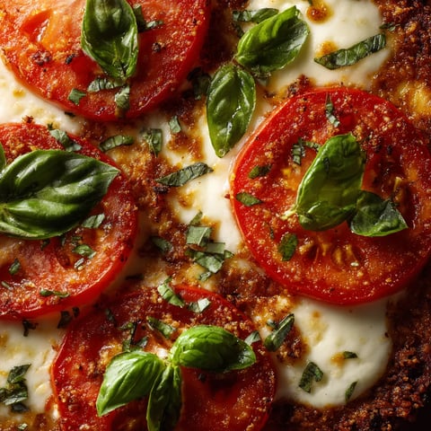 A grilled Margherita pizza with tomatoes and basil.