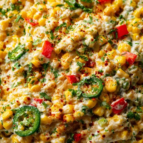 A close up of a creamy jalapeño corn dip.
