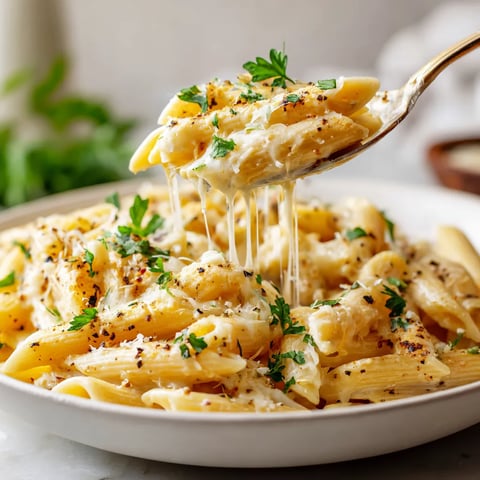 A bowl of creamy garlic penne pasta.