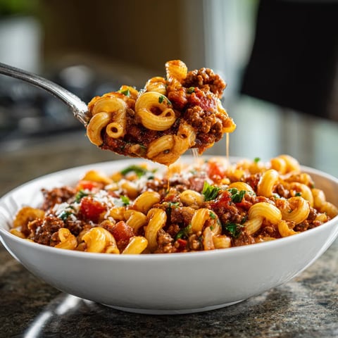 A bowl of Grandma's Goulash being served.