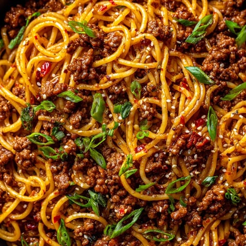 Spicy honey garlic beef spaghetti.