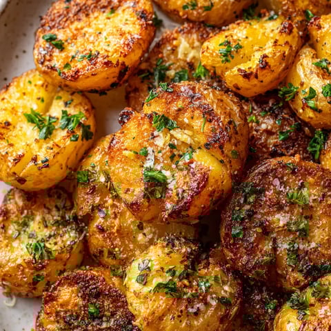 Crispy smashed potatoes with herbs and spices.
