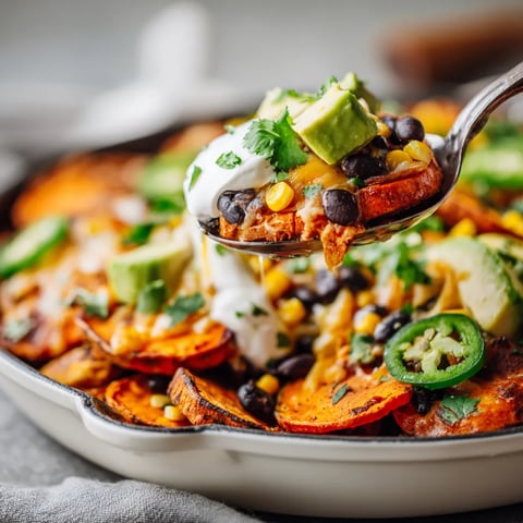 A loaded sweet potato nacho dish.