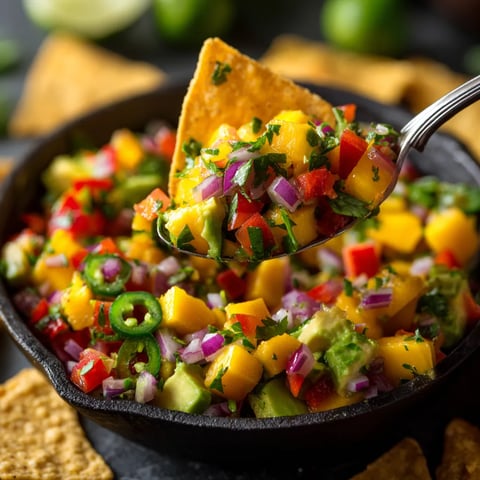A spoon is in a bowl of mango avocado salsa.