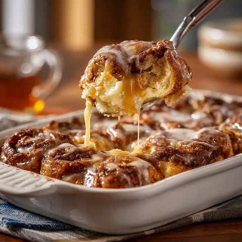 A cinnamon roll casserole is being served.