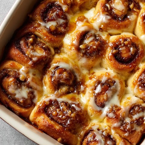 A cinnamon roll casserole in a white bowl.