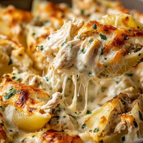 A close up of a delicious chicken and garlic alfredo stuffed shell.