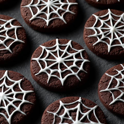 A plate of chocolate cookies with white icing and a spider web design.