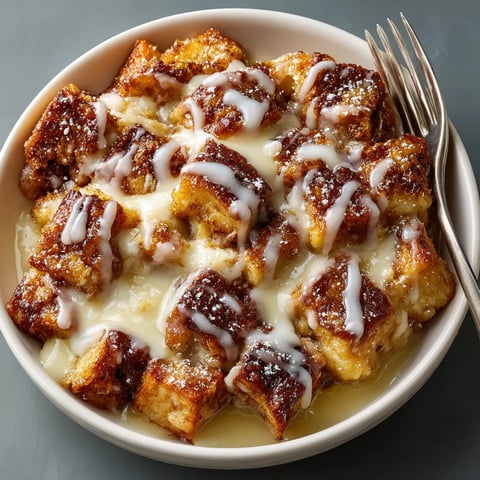 A bowl of cinnamon roll bread pudding.
