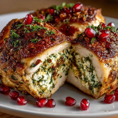 A plate of stuffed chicken with pomegranate and ricotta.