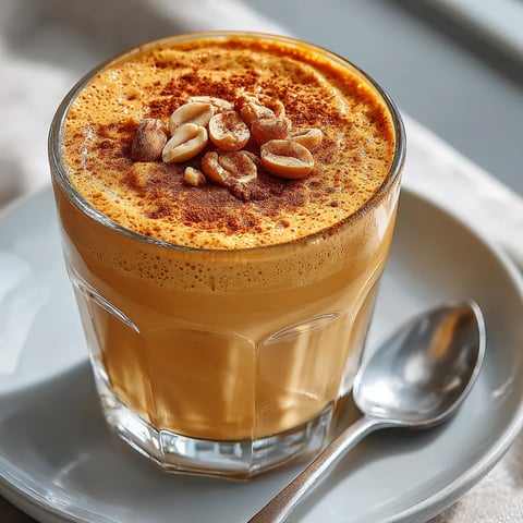 A glass of a sweet potato and peanut butter protein smoothie.